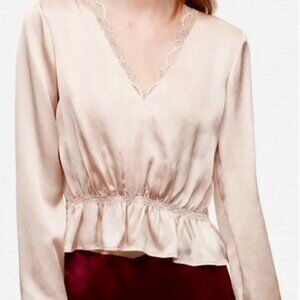 Aritzia Little Moon - Champagne Pink 100% Silk Blouse Lace Trim - XXS